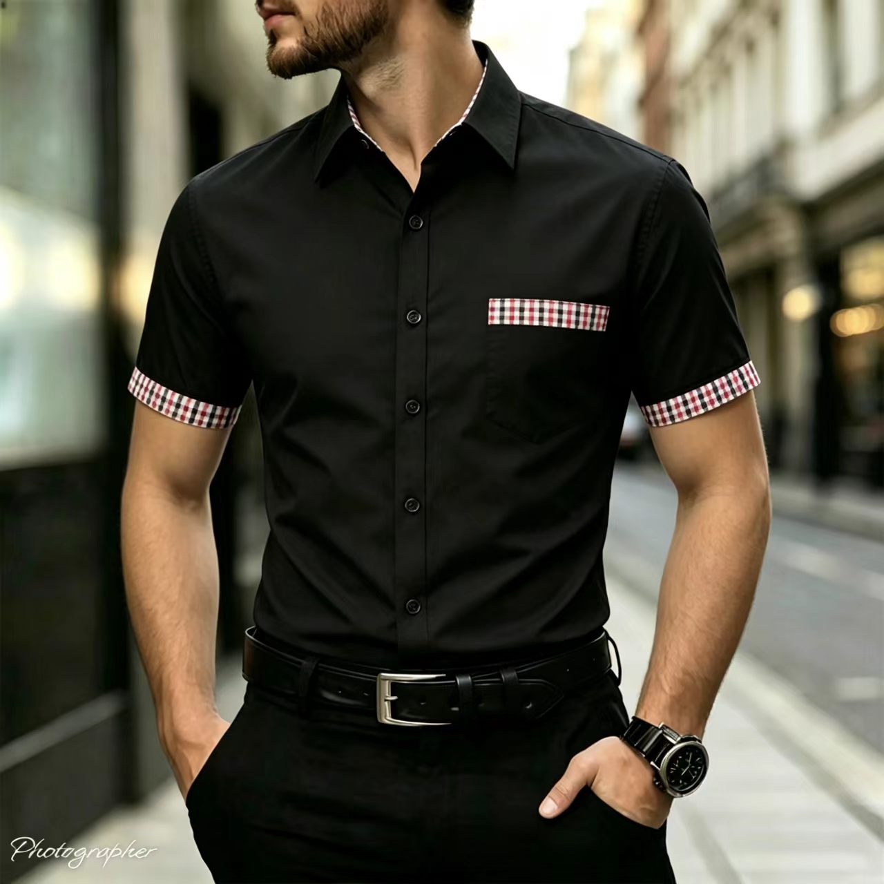 Men Formal Office Wear Shirts - قميص رجالي بأكمام قصيرة مع ياقة