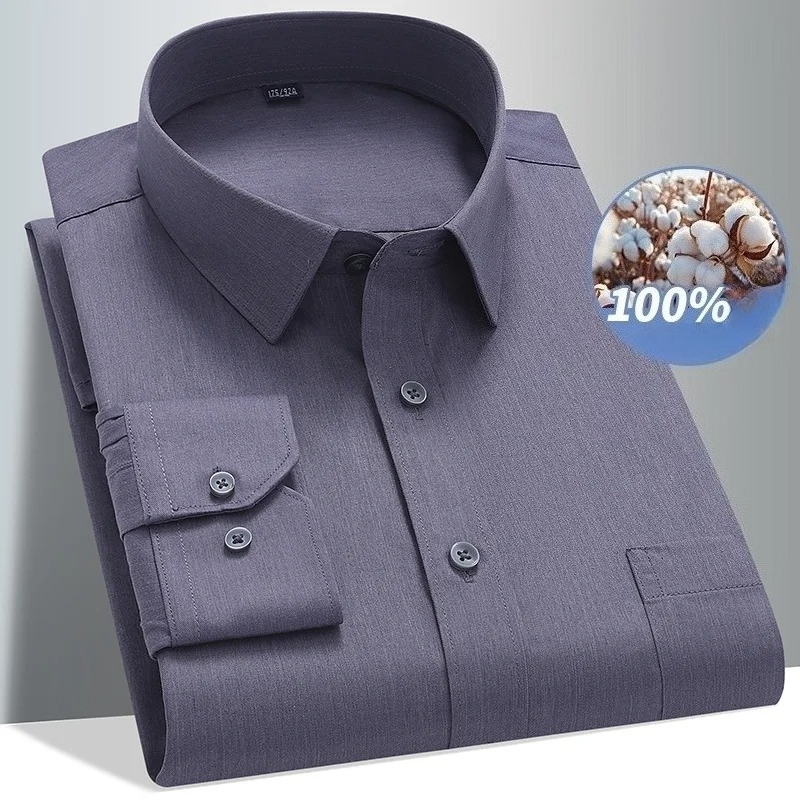 Men Formal Office Wear Shirts - 8XL 100 قميص قطني بكم طويل