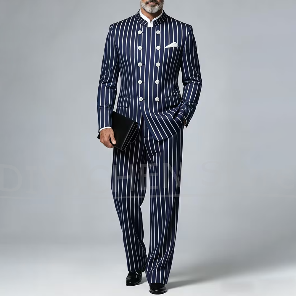 Men Formal Wear With Blazer - بدلة رجالية مخططة من قطعتين بياقة