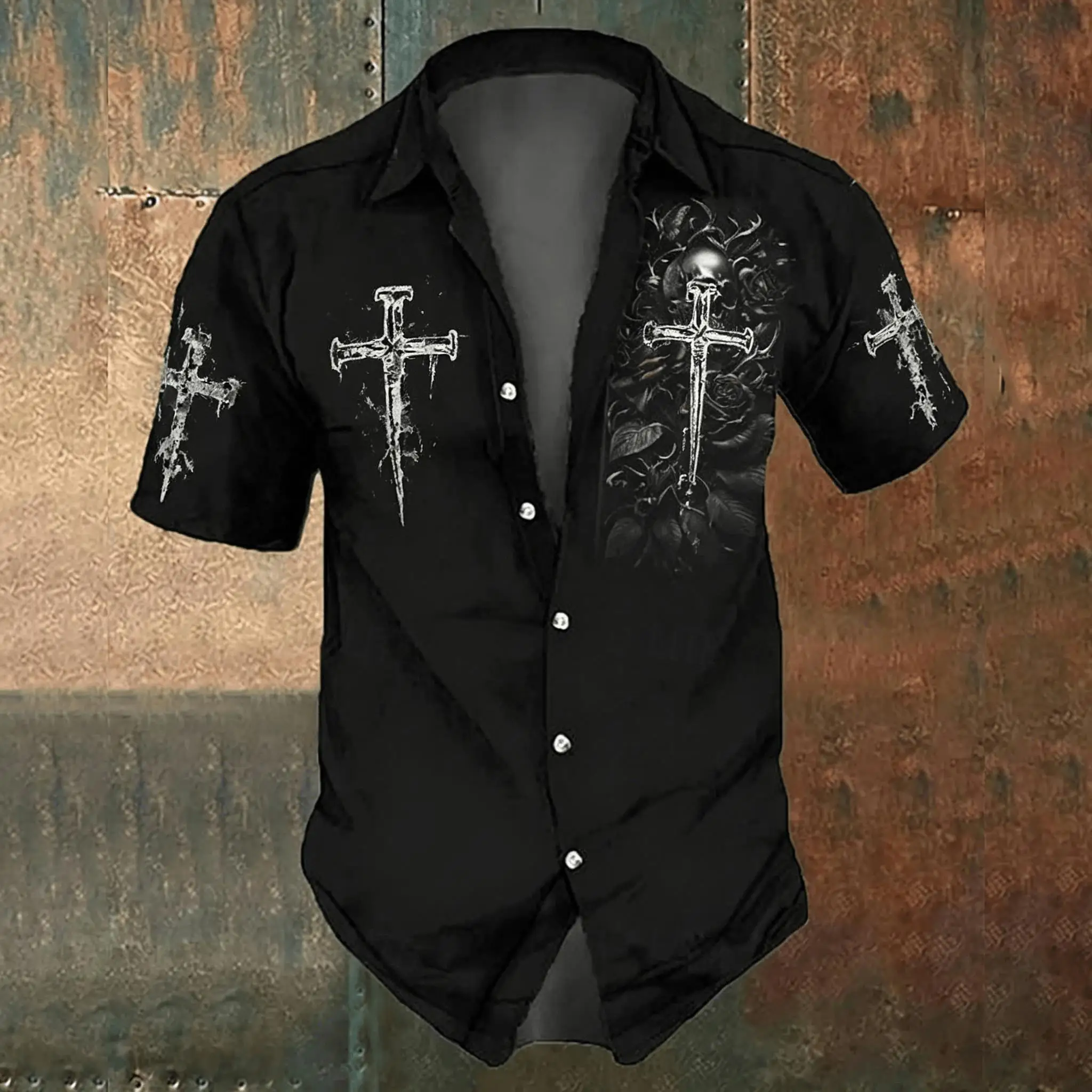 Men'S Gothic Formal Wear - قميص رجالي أسود بطبعة صليب، بأسلوب