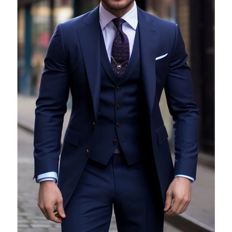 Men Formal Wear With Blazer - الأزرق الداكن 3 قطع الدعاوى الذكور
