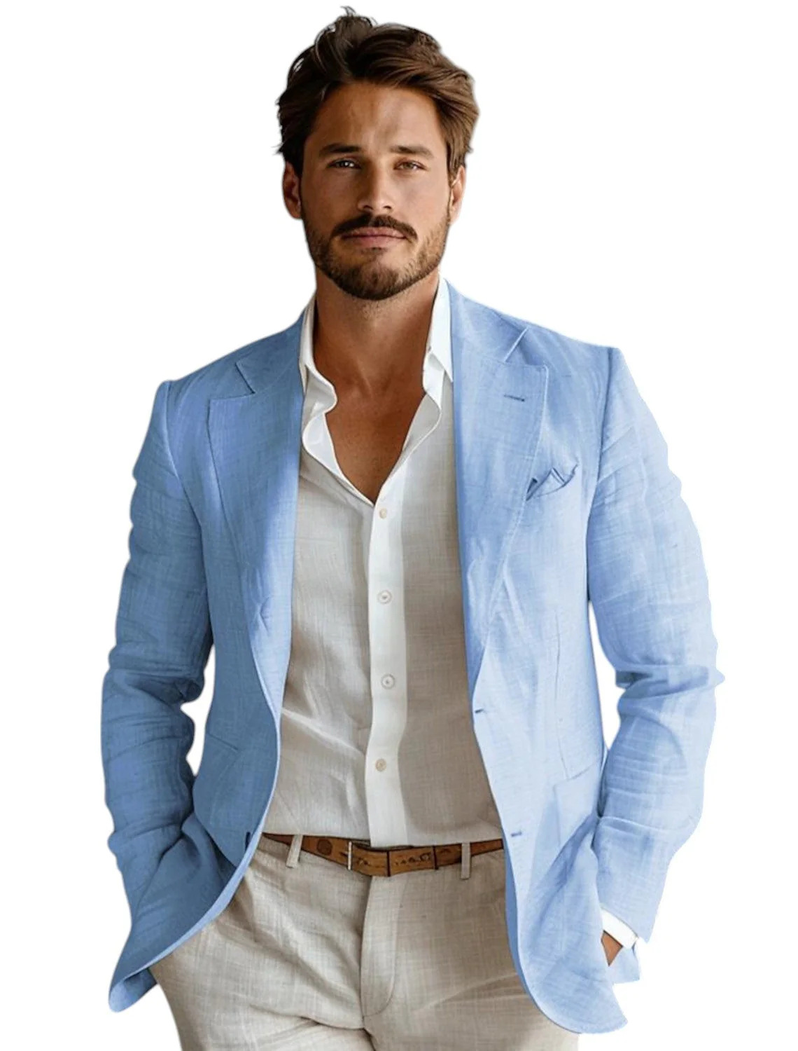 Men Formal Wear Design - بليزر رجالي أزرق ضيق من الكتان،