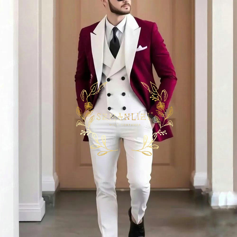 Men Formal Wear Jacket - أنيقة عنابي 3 قطع بدلة رجالية